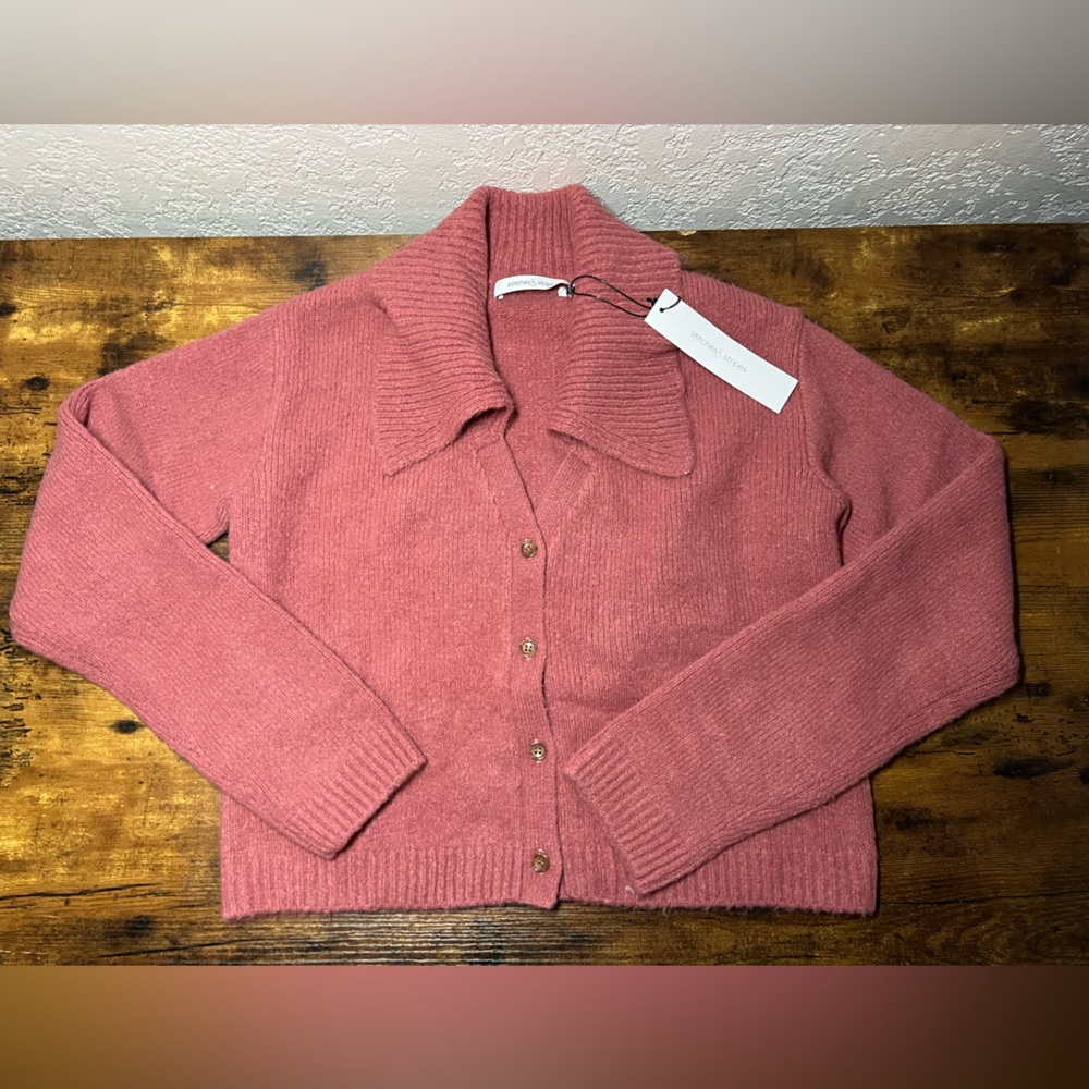 Stitches and stripes fold over collar sweater